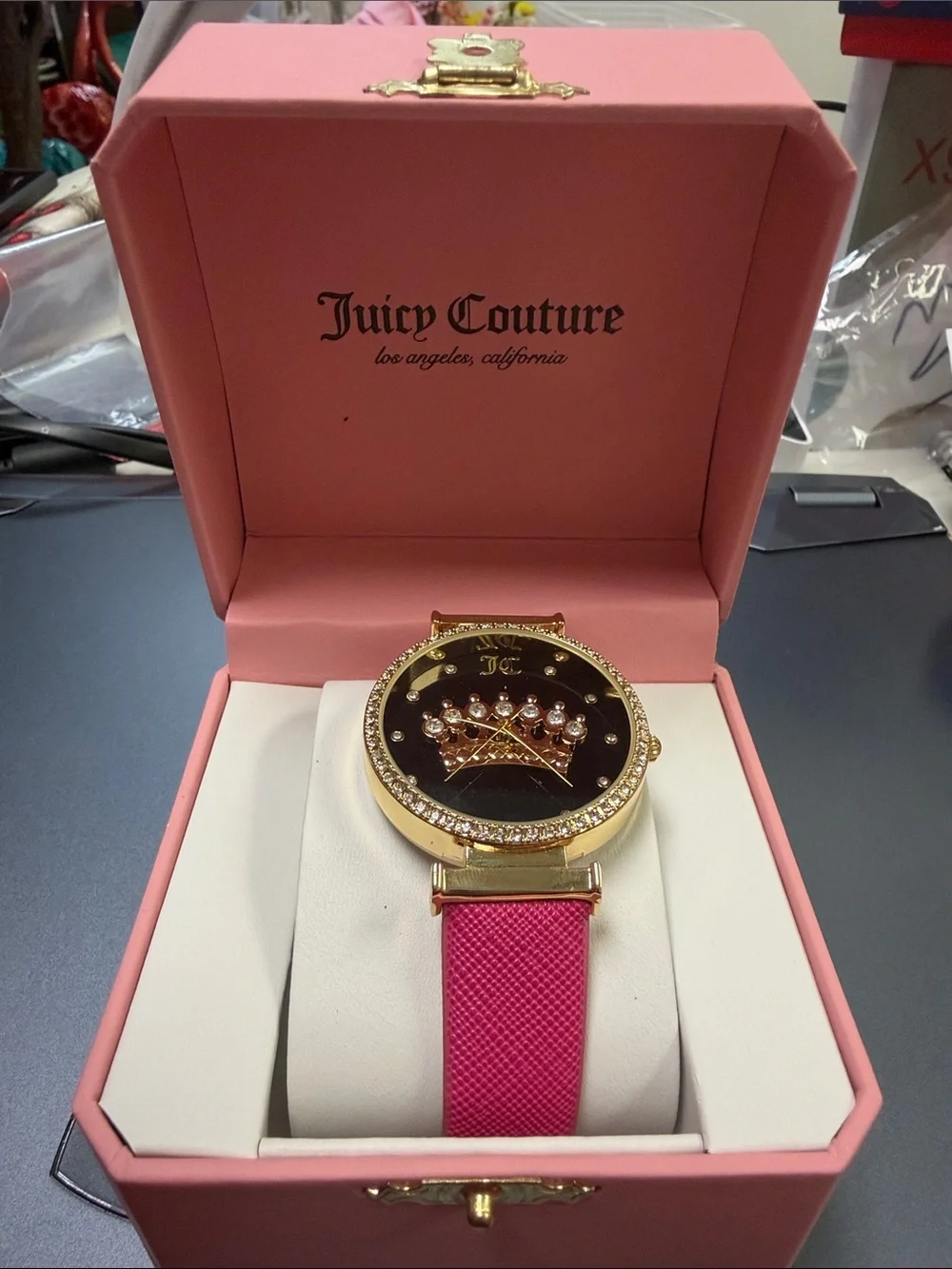 Juicy Couture Gold-Tone Watch with Pink Strap and Crystal Crown